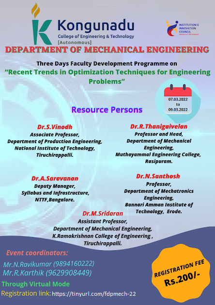 Three Days Faculty Development Program on Recent Trends in Optimization Techniques for Engineering Problems 2022